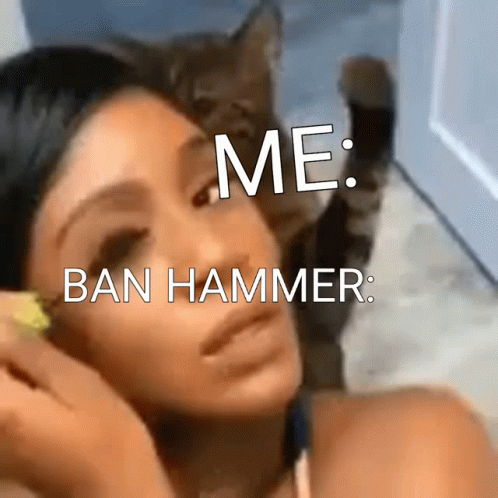 A Picture Of A Woman With The Words Me Ban Hammer Written On It GIF