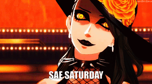 A Picture Of A Woman With The Words Sae Saturday Written On It GIF