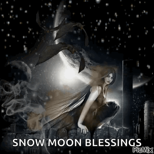a picture of a woman with the words snow moon blessings written below her