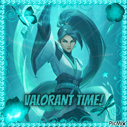 A Picture Of A Woman With The Words " Valorant Time " On The Bottom GIF