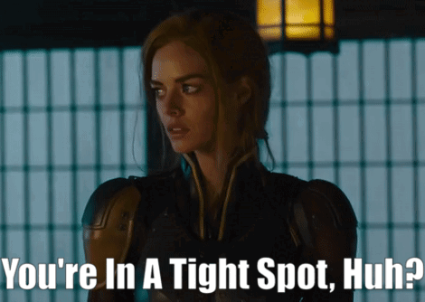 A Picture Of A Woman With The Words " You 'Re In A Tight Spot Huh " Below Her GIF