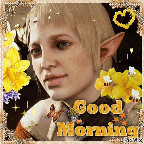 A Picture Of A Woman With Yellow Flowers And The Words " Good Morning " GIF