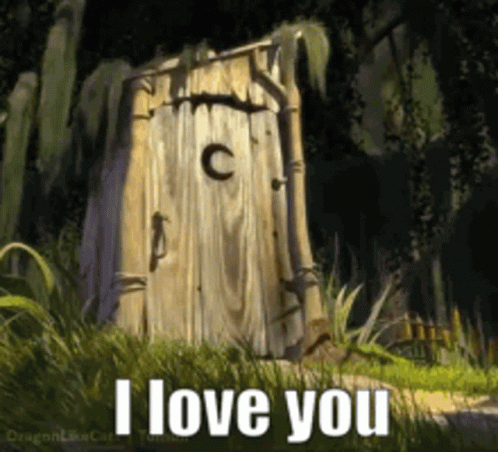 A Picture Of A Wooden Outhouse With The Words I Love You GIF