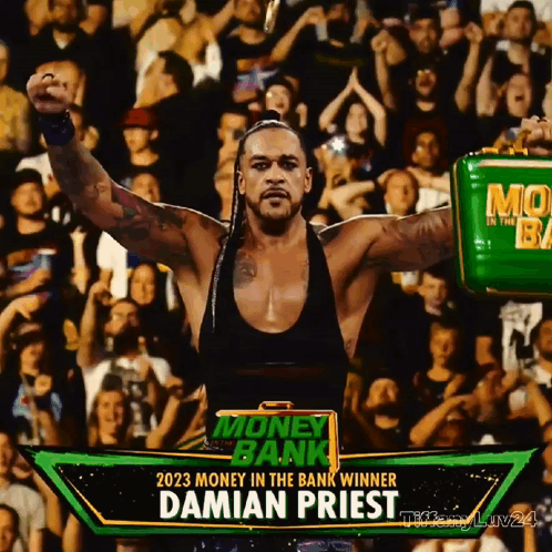A Picture Of A Wrestler Named Damian Priest Holding A Money In The Bank Briefcase GIF