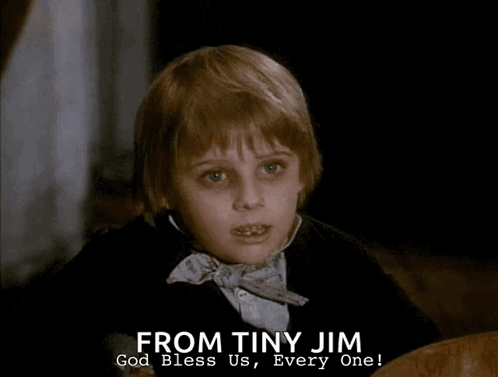 a picture of a young boy with the words from tiny jim above him