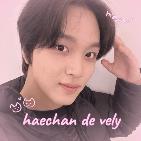 A Picture Of A Young Man With The Name Haechan De Vely Written On It GIF