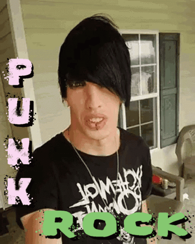 A Picture Of A Young Man With The Words Punk Rock Written On It GIF