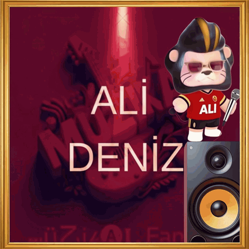 A Picture Of Ali Deniz With A Stuffed Animal In Front Of A Speaker GIF