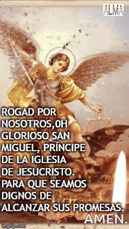 A Picture Of An Angel Holding Scales Of Justice And A Candle With The Words " Rogad Por Nosotros Oh Glorioso San Miguel  GIF
