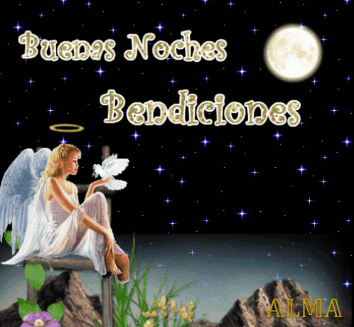 A Picture Of An Angel With The Words Buenas Noches Bendiciones Written On It GIF