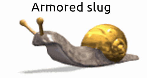 A Picture Of An Armored Slug With A Gold Shell On A White Background GIF