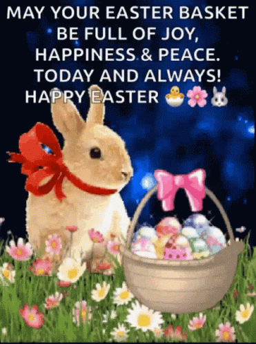 A Picture Of An Easter Bunny And A Basket Of Eggs GIF