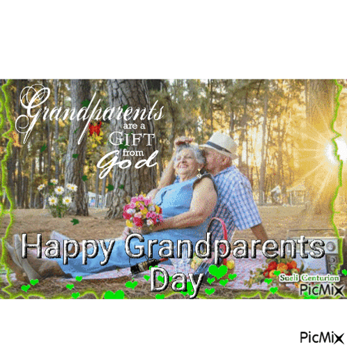 A Picture Of An Elderly Couple Sitting Under A Tree With The Words Grandparents Are A Gift From God GIF