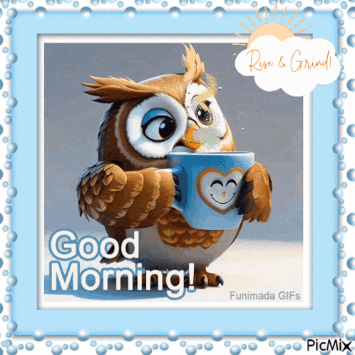 A Picture Of An Owl Holding A Cup With The Words Good Morning Written On It GIF