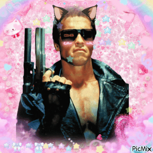a picture of arnold schwarzenegger holding a gun with a pink background