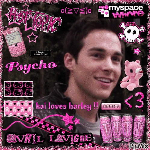A Picture Of Avril Lavigne Is Surrounded By Pink Graphics GIF