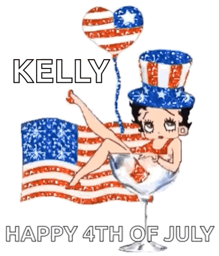 A Picture Of Betty Boop Sitting In A Martini Glass With The Words Kelly Happy 4Th Of July Written Below Her GIF