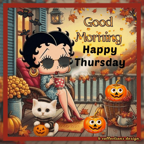 A Picture Of Betty Boop Sitting On A Porch With A Cup Of Coffee GIF