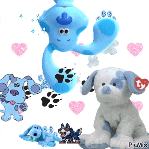 A Picture Of Blue 'S Clues Stuffed Animals And A Picture Of A Blue Stuffed Animal With The Word Picmix On The Bottom GIF