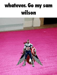 A Picture Of Captain America Holding A Shield On A Pink Rug With The Caption Whatever Go My Sam Wilson GIF