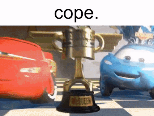 A Picture Of Cars With A Trophy That Says Cope GIF