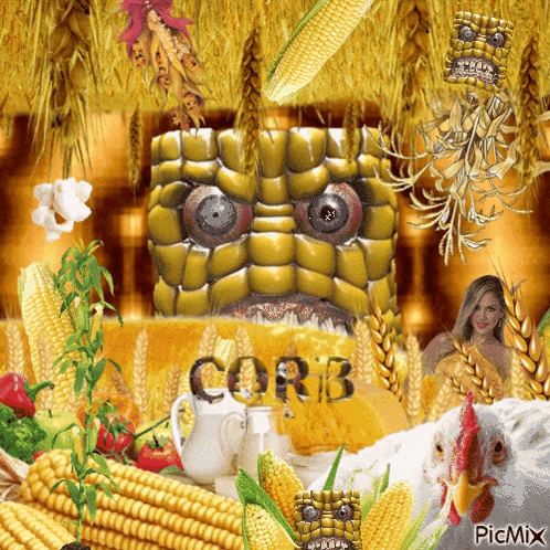 A Picture Of Corn On The Cob With A Chicken And A Woman In The Background GIF