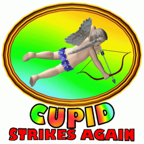 A Picture Of Cupid With The Words Cupid Strikes Again On The Bottom GIF