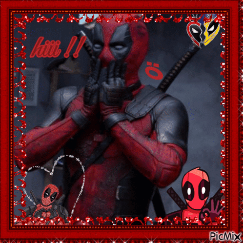 A Picture Of Deadpool Is Surrounded By Hearts And Says Hello ! GIF