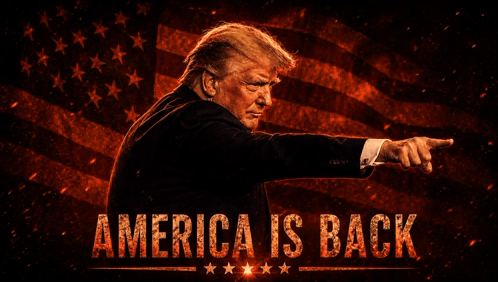 A Picture Of Donald Trump With The Words America Is Back GIF