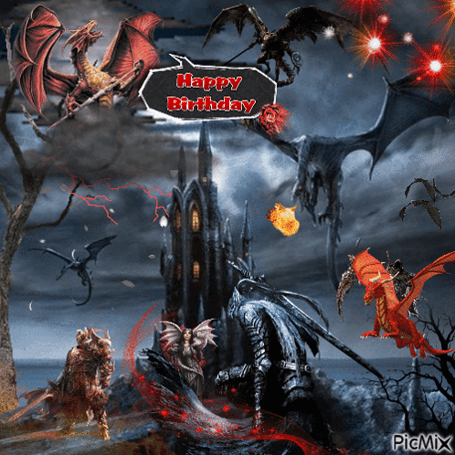 A Picture Of Dragons And A Castle With A Happy Birthday Message GIF
