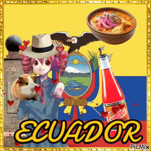 A Picture Of Ecuador With A Girl A Guinea Pig A Bowl Of Soup And A Bottle Of Guarana GIF