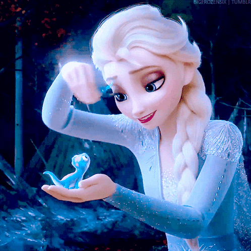 A Picture Of Elsa From Frozen Holding A Small Blue Lizard GIF
