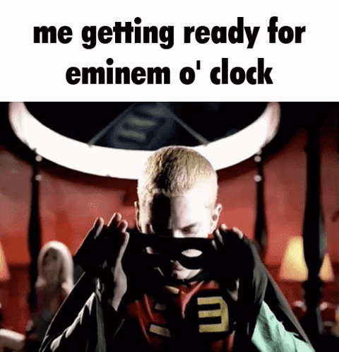 A Picture Of Eminem Wearing A Mask With The Caption " Me Getting Ready For Eminem O ' Clock " GIF