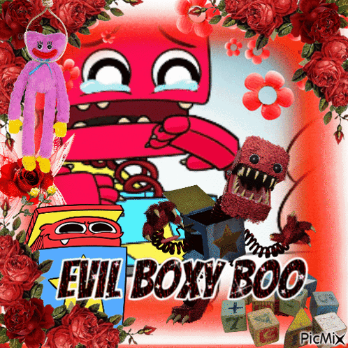 A Picture Of Evil Boxy Boo Is Surrounded By Roses GIF