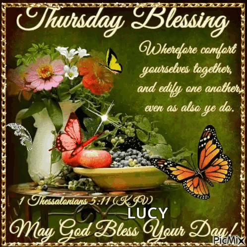 A Picture Of Flowers And Butterflies With A Quote From Thessalonians 5:11 GIF