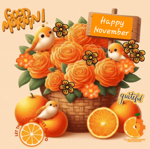 A Picture Of Flowers And Oranges With A Sign That Reads Happy November GIF