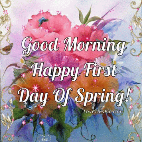 A Picture Of Flowers With The Words " Good Morning Happy First Day Of Spring " On It GIF