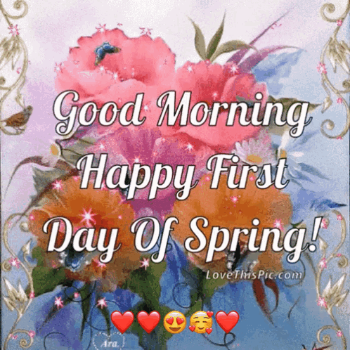 A Picture Of Flowers With The Words Good Morning Happy First Day Of Spring On It GIF