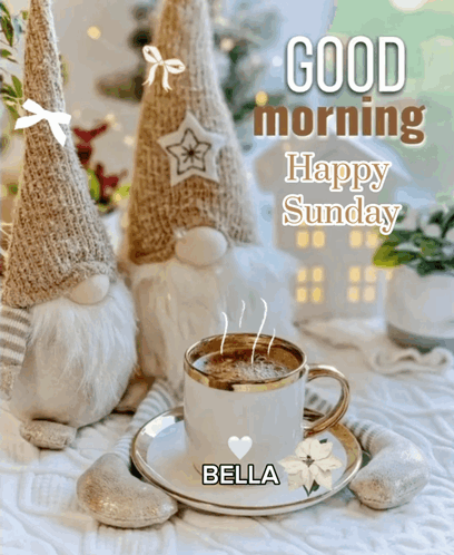 A Picture Of Gnomes And A Cup Of Coffee With The Name Bella On It GIF