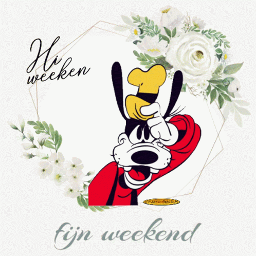 A Picture Of Goofy With The Words Hi Weekend Fijn Weekend Below It GIF