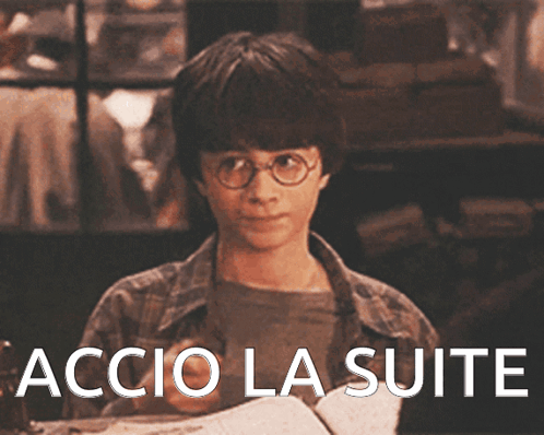 A Picture Of Harry Potter With The Words " Accio La Suite " Below Him GIF
