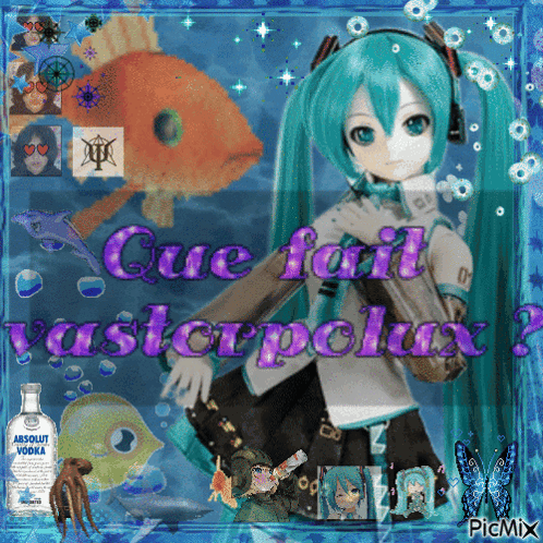 A Picture Of Hatsune Miku With A Bottle Of Absolut Vodka Behind Her GIF