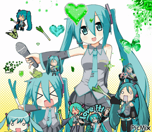 Hatsune Miku With Microphone And Green Heart GIF