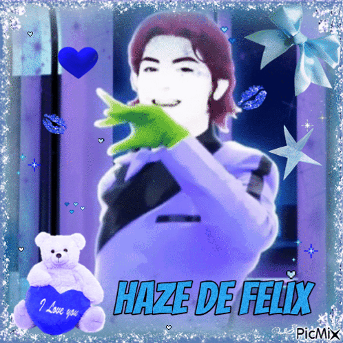 A Picture Of Haze De Felix With A Teddy Bear Holding A Heart That Says I Love You GIF