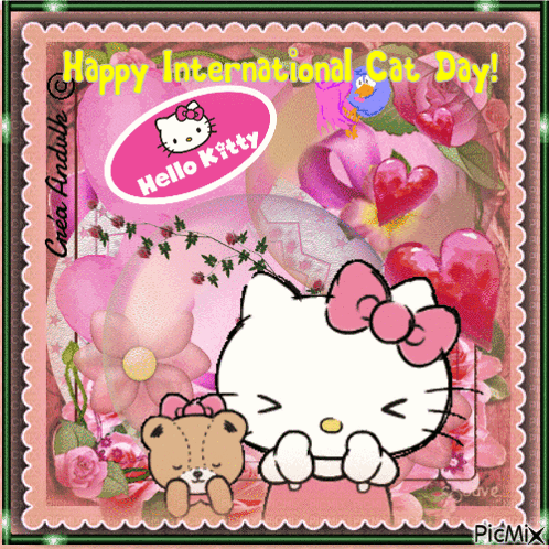 A Picture Of Hello Kitty And A Teddy Bear With The Words Happy International Cat Day GIF