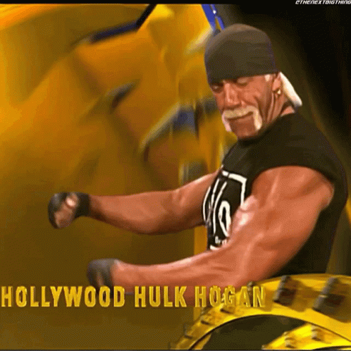 A Picture Of Hollywood Hulk Hogan Is Displayed On A Yellow Background GIF