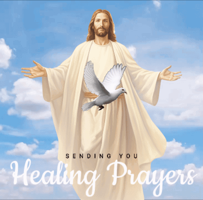 a picture of jesus and a dove with the words " sending you healing prayers "