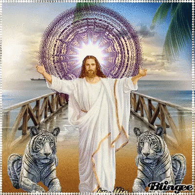 A Picture Of Jesus And Two Tigers With The Word Blingee In The Corner GIF