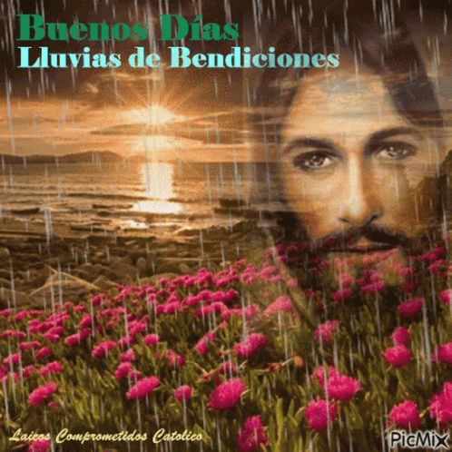 A Picture Of Jesus In The Rain With The Caption Buenos Dias GIF