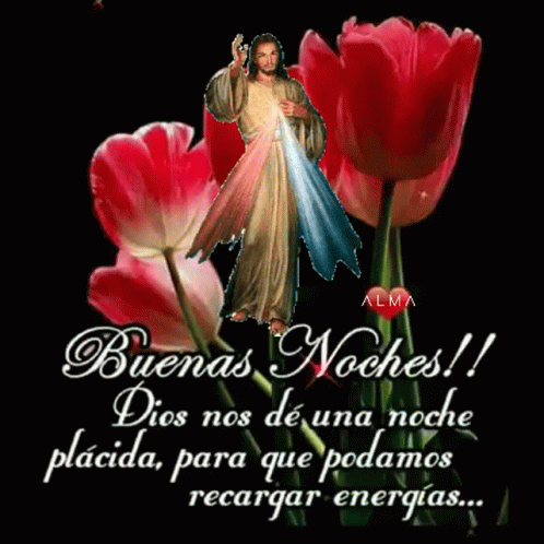 A Picture Of Jesus Surrounded By Red Flowers With A Message In Spanish GIF